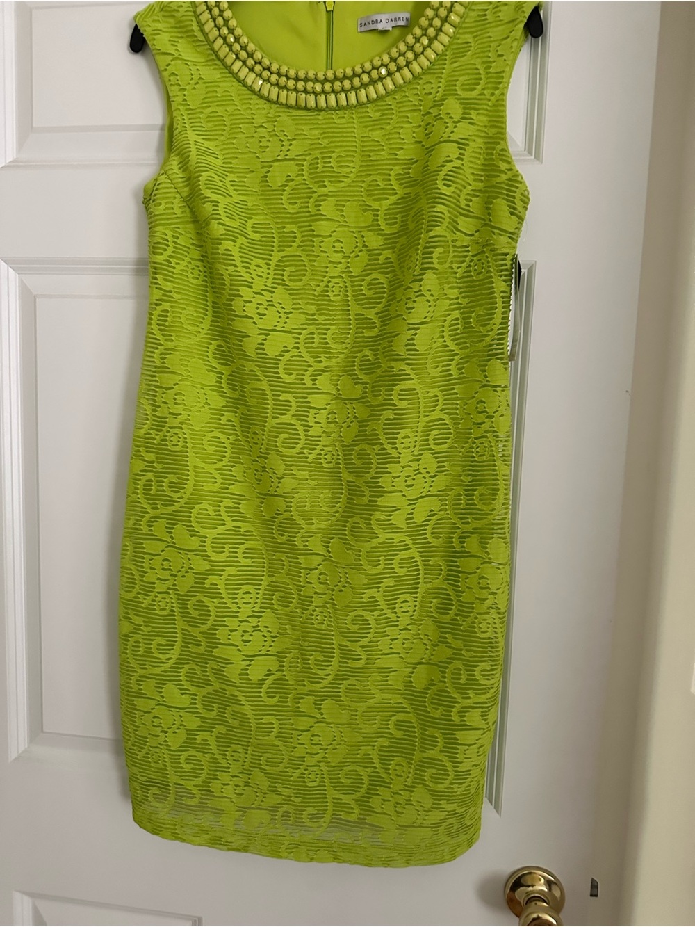 Sandra Darren Neon Lime Lace Sheath Dress with Beaded Neckline